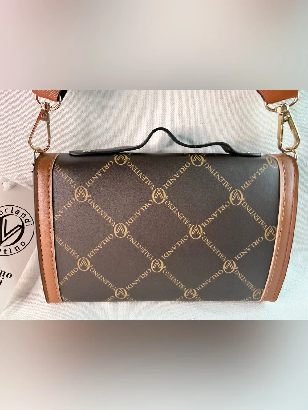 Valentino Orlandi Brown and Tan Logo Crossbody with Branded Strap